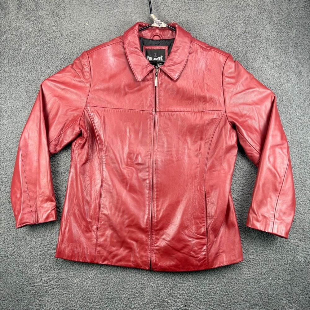 JL Colebrook Womens Red Genuine Leather Jacket XL Zip Front Collar Button Snap‎